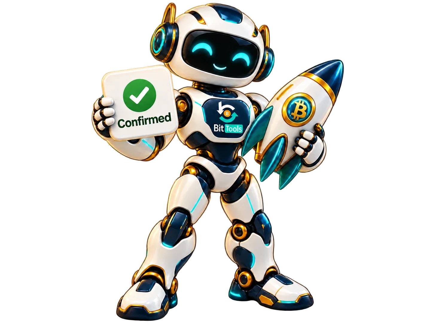 BitTools robot holding a rocket and a Confirmed sign