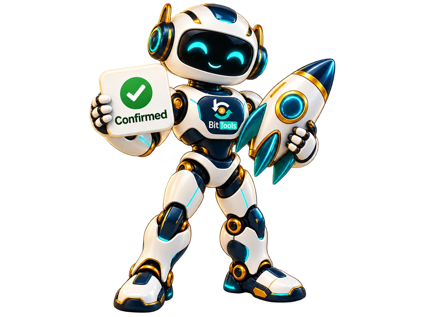 BitTools robot holding a rocket and a Confirmed sign