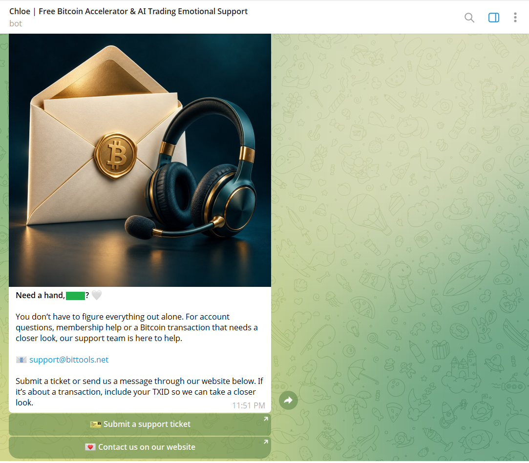 Chloe support screen showing email, support ticket and website contact options
