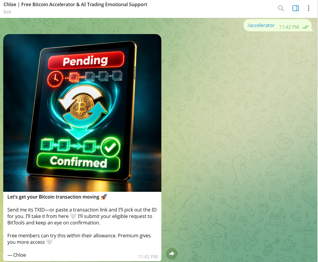 Chloe explains how to submit a Bitcoin TXID or transaction link in Telegram